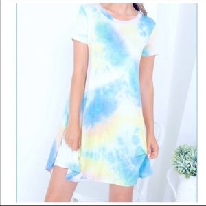 BOHO Pink Blue Tie Dye Riund Neckline Shirt Dress
